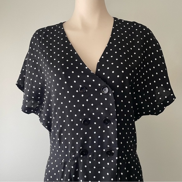 Vintage Blouseworks Polka Dot Wide Leg Jumpsuit Double Breasted Black White Plus - Picture 3 of 12